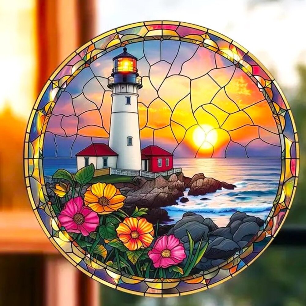 Lighthouse Suncatcher Ocean Sea Sunset Flowers Crackle Colorful Window Lake NEW